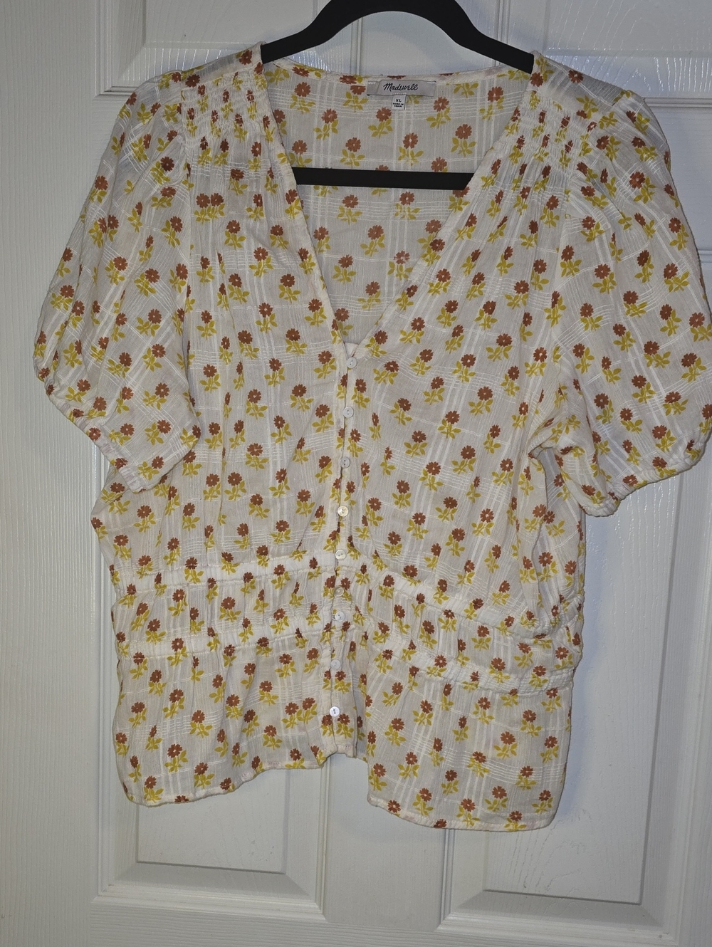 Madewell Floral Button-Front Puff Sleeve Blouse in White